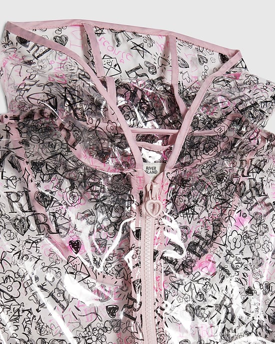 River Island Girls Raincoat Black Graffiti Print Hooded Zip - Image 2