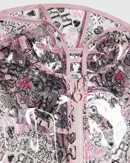 River Island Mini Girls Raincoat Black Graffiti Print Hooded Zip - Image 2
