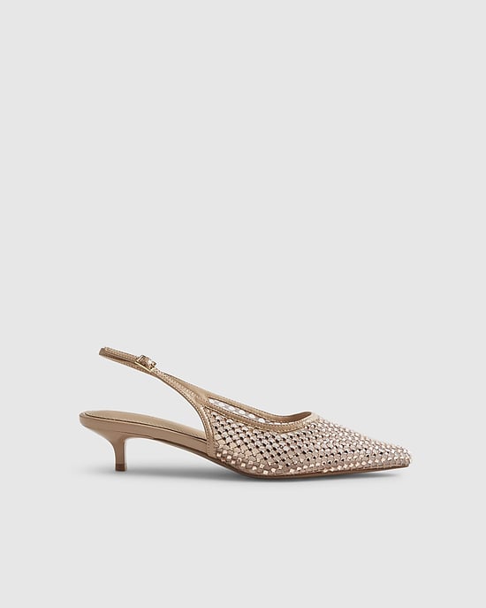 River Island Womens Court Heels Beige Diamante Mesh Slingback - Image 2