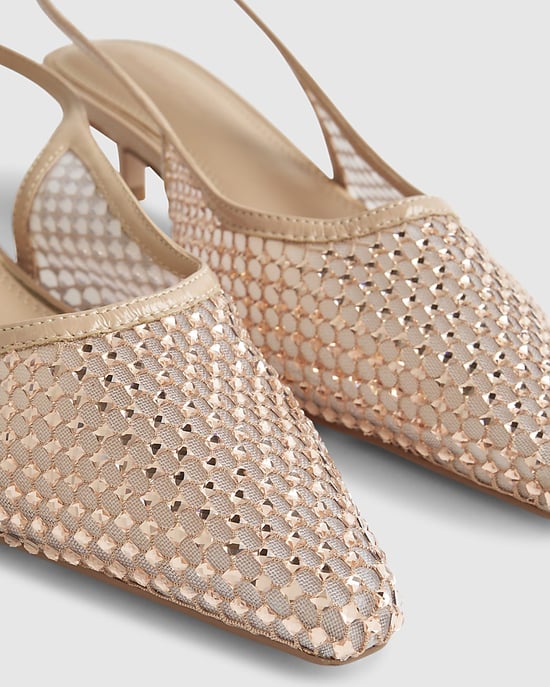 River Island Womens Court Heels Beige Diamante Mesh Slingback - Image 4