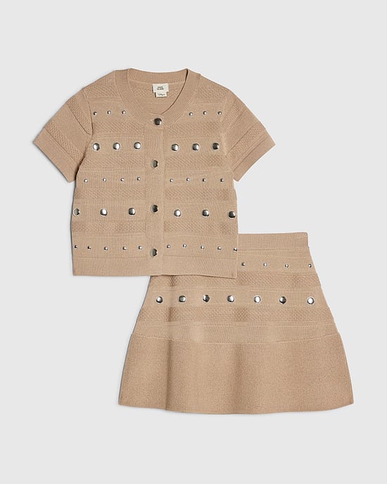 River Island Girls Top & Skirt Set Beige Knitted Studded 2 Piece - Image 1