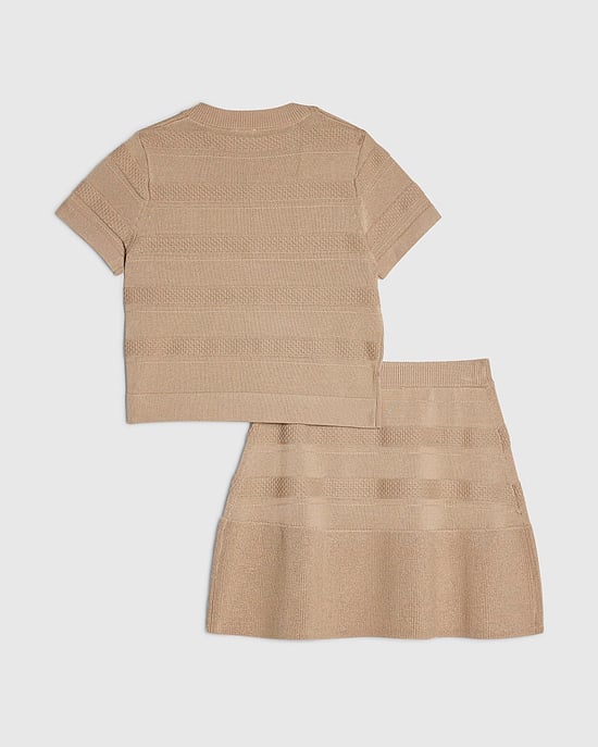 River Island Girls Top & Skirt Set Beige Knitted Studded 2 Piece - Image 2