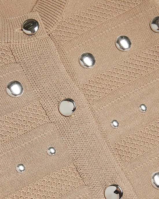 River Island Girls Top & Skirt Set Beige Knitted Studded 2 Piece - Image 3