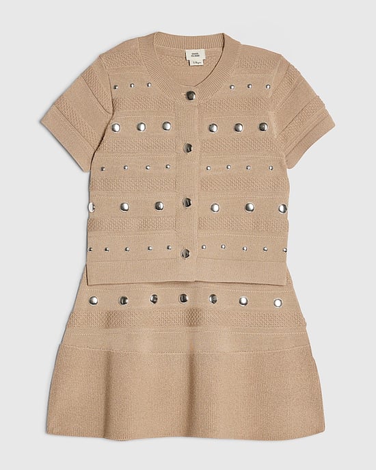 River Island Girls Top & Skirt Set Beige Knitted Studded 2 Piece - Image 5