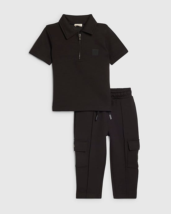 River Island Mini Boys Polo Shirt & Shorts Set Black Luminis 2 Piece - Image 1