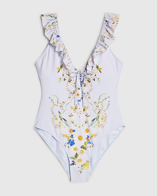 River Island Womens Swimsuit Blue Floral Print Tie Front Charms - Image 6