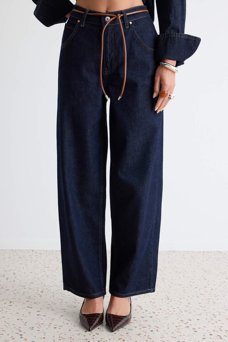 TRENDYOLMİLLA Dames Donkerblauw Effen Barrel Hoge taille Jeans - Image 2