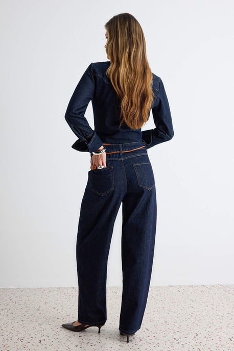 TRENDYOLMİLLA Dames Donkerblauw Effen Barrel Hoge taille Jeans - Image 3