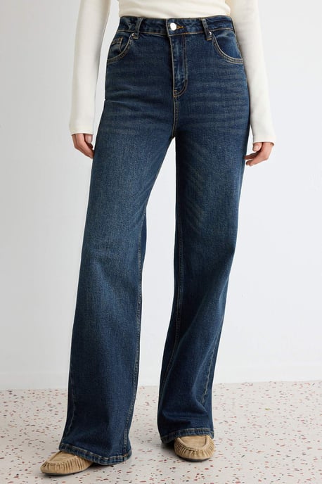 TRENDYOLMİLLA Dames Donkerblauw Effen Wijde pijp Hoge taille Jeans - Image 2
