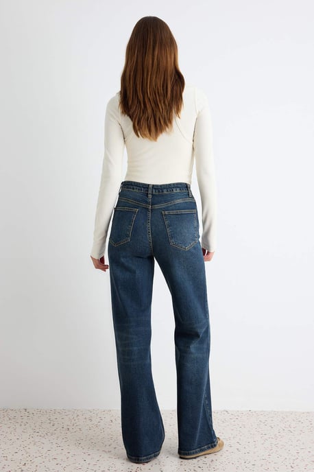 TRENDYOLMİLLA Dames Donkerblauw Effen Wijde pijp Hoge taille Jeans - Image 3