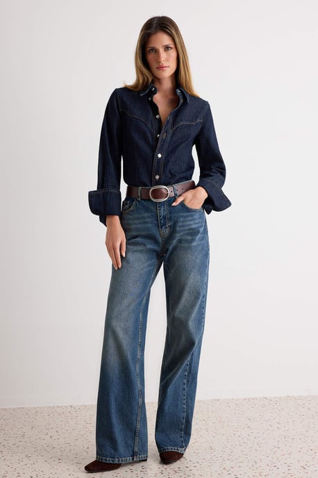TRENDYOLMİLLA Dames Blauw Effen Wijde pijp Hoge taille Jeans - Image 1
