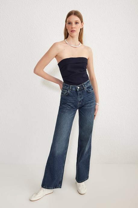 TRENDYOLMİLLA Dames Blauw Effen Wijde pijp Hoge taille Jeans - Image 4