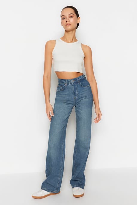 TRENDYOLMİLLA Dames Blauw Effen Wijde pijp Hoge taille Jeans - Image 4