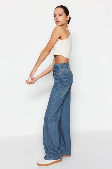 TRENDYOLMİLLA Dames Blauw Effen Wijde pijp Hoge taille Jeans - Image 5