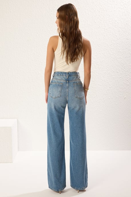 TRENDYOLMİLLA Dames Blauw Effen Wijde pijp Hoge taille Jeans - Image 4