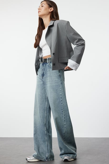 TRENDYOLMİLLA Dames Blauw Effen Wijde pijp Normale taille Jeans - Image 6