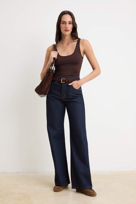 TRENDYOLMİLLA Dames Donkerblauw Effen Wijde pijp Hoge taille Jeans - Image 1