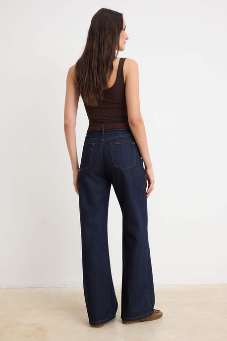 TRENDYOLMİLLA Dames Donkerblauw Effen Wijde pijp Hoge taille Jeans - Image 3