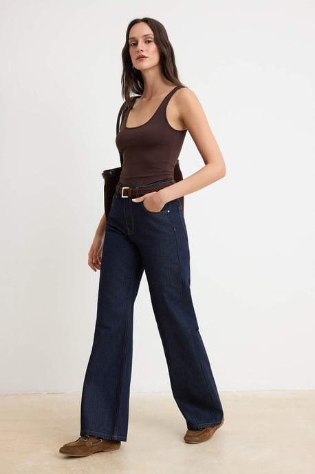 TRENDYOLMİLLA Dames Donkerblauw Effen Wijde pijp Hoge taille Jeans - Image 4