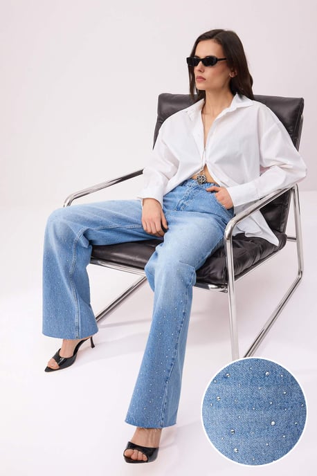TRENDYOLMİLLA Dames Blauw Effen Wijde pijp Hoge taille Jeans - Image 1