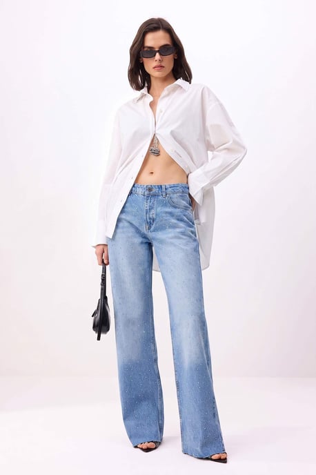 TRENDYOLMİLLA Dames Blauw Effen Wijde pijp Hoge taille Jeans - Image 2