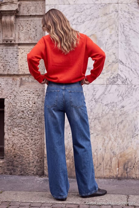 TRENDYOLMİLLA Dames Blauw Effen Wijde pijp Normale taille Jeans - Image 4