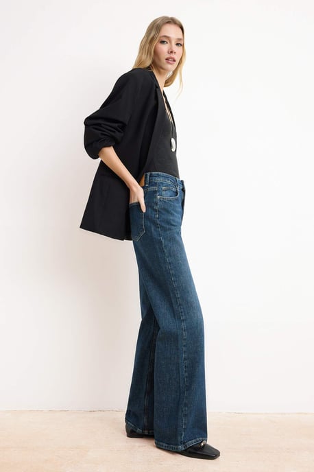 TRENDYOLMİLLA Dames Donkerblauw Effen Wijde pijp Hoge taille Jeans - Image 6