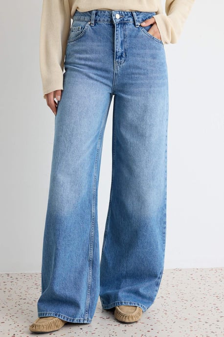 TRENDYOLMİLLA Dames Donkerblauw Effen Wijde pijp Hoge taille Jeans - Image 4