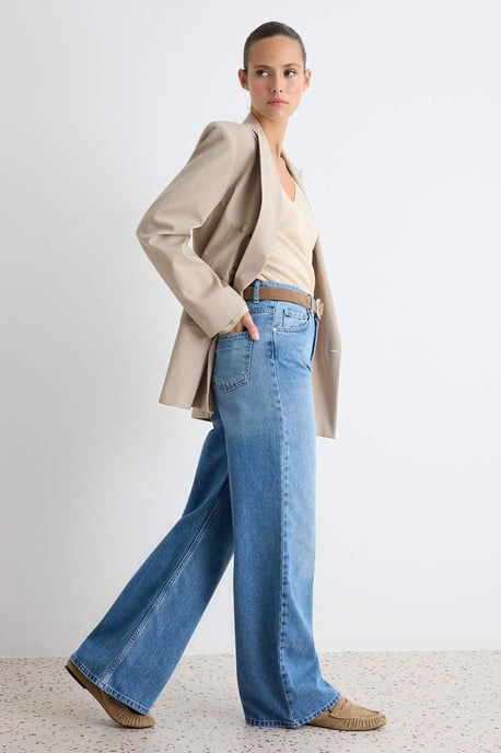 TRENDYOLMİLLA Dames Donkerblauw Effen Wijde pijp Hoge taille Jeans - Image 6