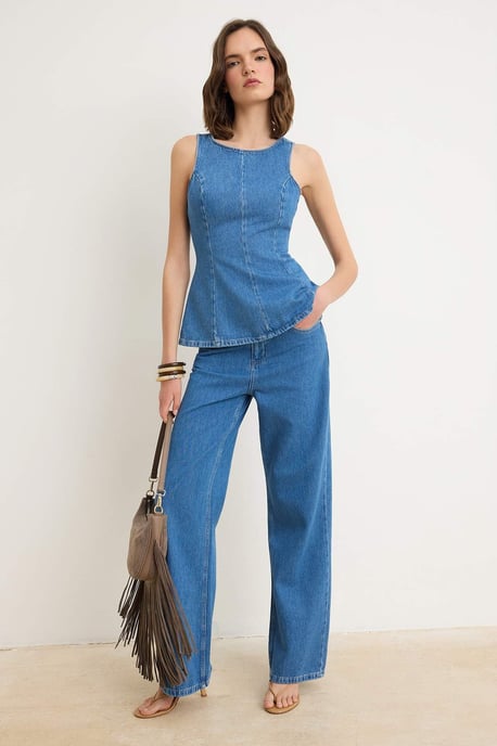 TRENDYOLMİLLA Dames Blauw Effen Wijde pijp Hoge taille Jeans - Image 1
