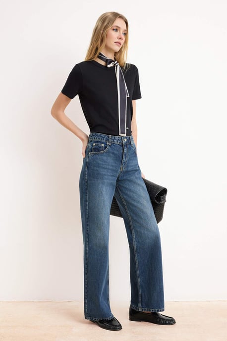 TRENDYOLMİLLA Dames Donkerblauw Effen Wijde pijp Normale taille Jeans - Image 2