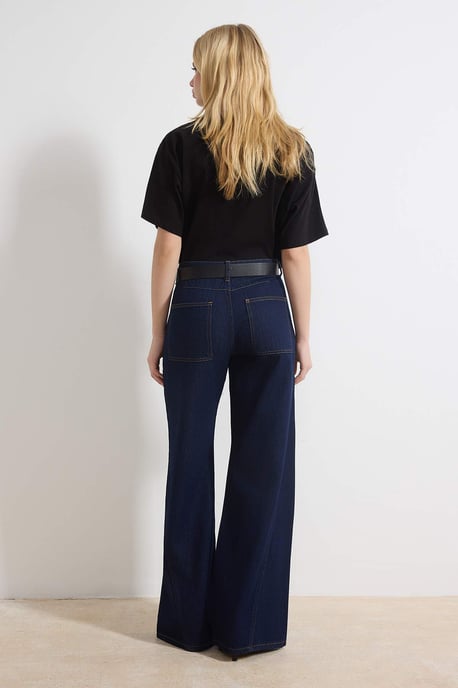 TRENDYOLMİLLA Dames Donkerblauw Effen Wijde pijp Normale taille Jeans - Image 3