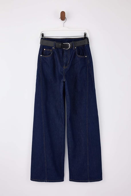 TRENDYOLMİLLA Dames Donkerblauw Effen Wijde pijp Normale taille Jeans - Image 4