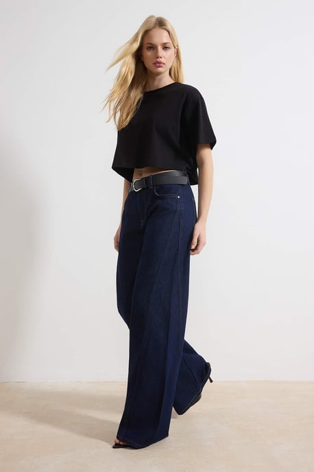 TRENDYOLMİLLA Dames Donkerblauw Effen Wijde pijp Normale taille Jeans - Image 6