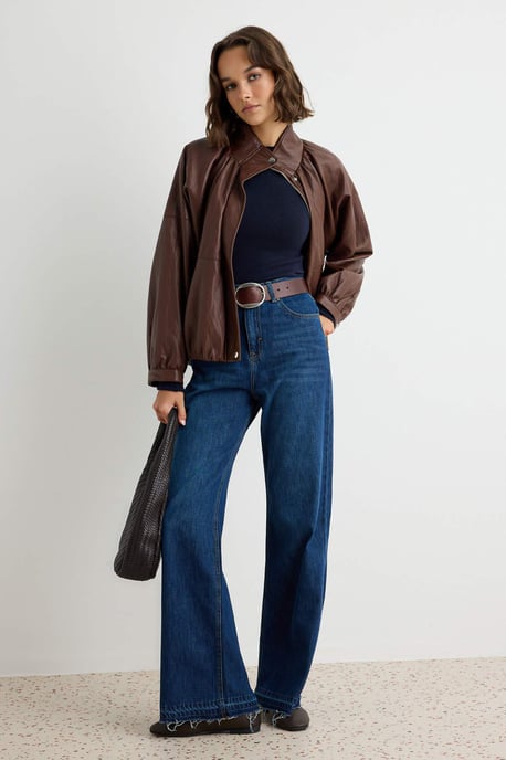 TRENDYOLMİLLA Dames Donkerblauw Effen Wijde pijp Hoge taille Jeans - Image 1