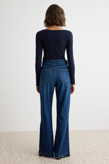 TRENDYOLMİLLA Dames Donkerblauw Effen Wijde pijp Hoge taille Jeans - Image 3