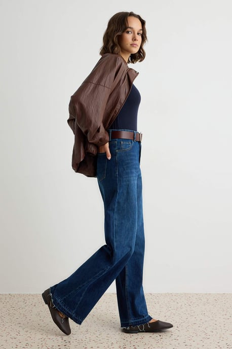 TRENDYOLMİLLA Dames Donkerblauw Effen Wijde pijp Hoge taille Jeans - Image 4