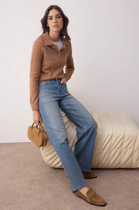 TRENDYOLMİLLA Dam Blå Enfärgad Vida ben Hög midja Jeans - Image 6