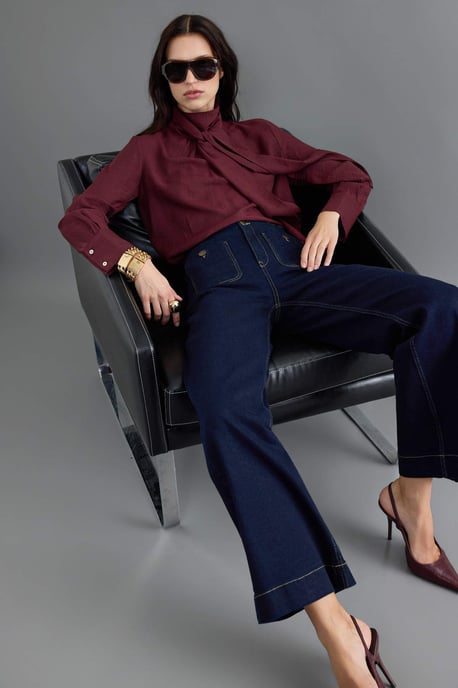 TRENDYOLMİLLA Dames Donkerblauw Effen Wijde pijp Hoge taille Jeans - Image 1