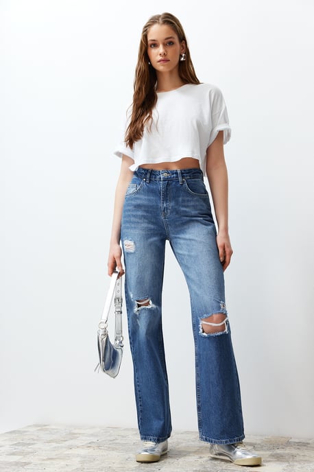 TRENDYOLMİLLA Dames Blauw Effen Wijde pijp Hoge taille Jeans - Image 4