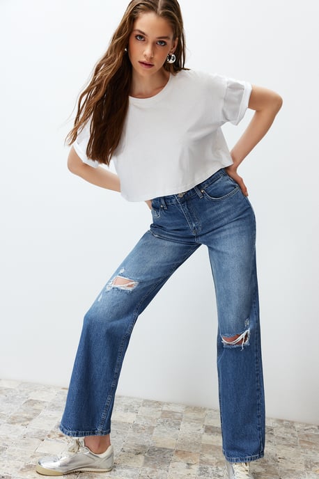 TRENDYOLMİLLA Dames Blauw Effen Wijde pijp Hoge taille Jeans - Image 5