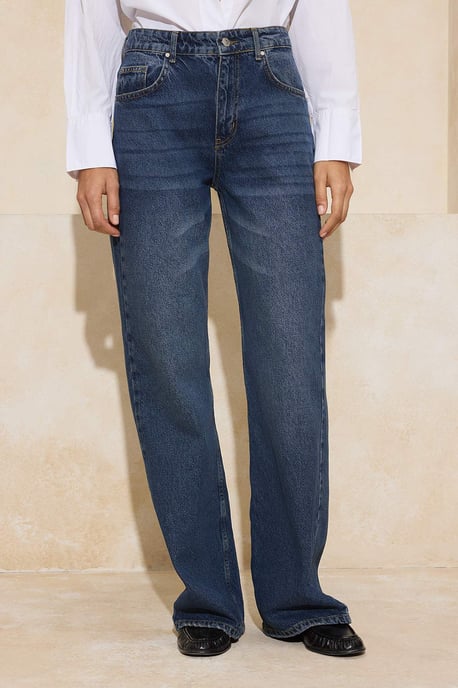 TRENDYOLMİLLA Dames Donkerblauw Effen Wijde pijp Hoge taille Jeans - Image 2