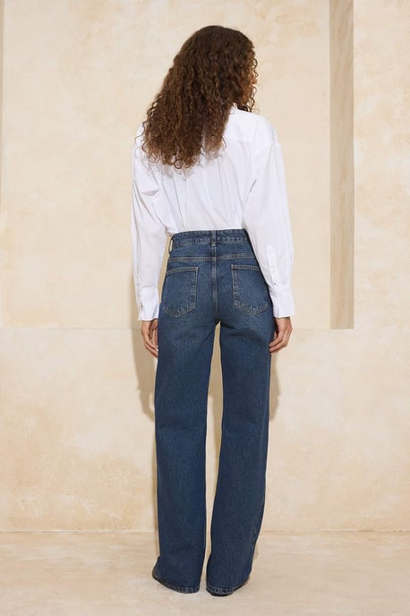 TRENDYOLMİLLA Dames Donkerblauw Effen Wijde pijp Hoge taille Jeans - Image 3