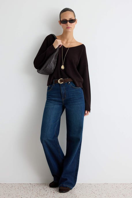 TRENDYOLMİLLA Dames Donkerblauw Effen Wijde pijp Lage taille Jeans - Image 1