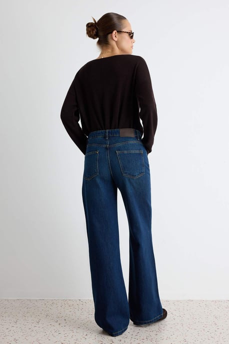 TRENDYOLMİLLA Dames Donkerblauw Effen Wijde pijp Lage taille Jeans - Image 5
