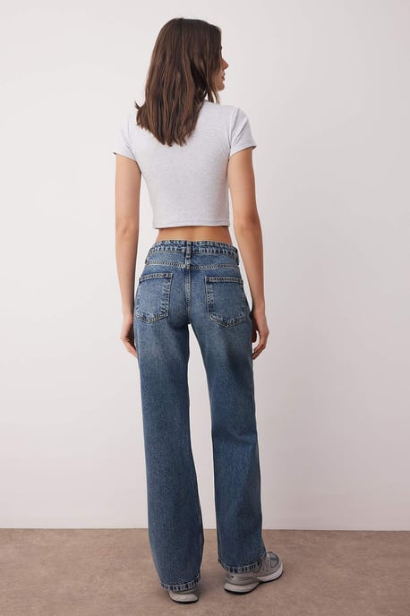 TRENDYOLMİLLA Dames Blauw Effen Wijde pijp Lage taille Jeans - Image 3