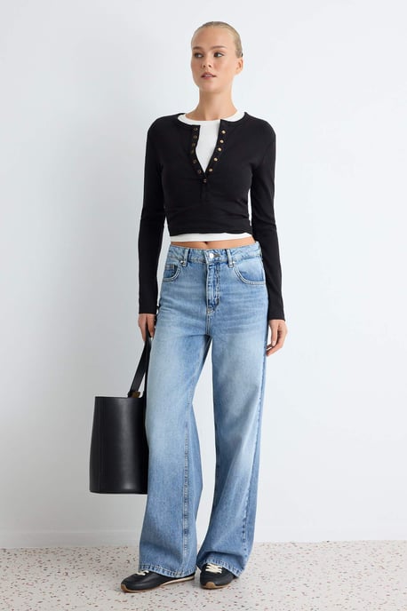 TRENDYOLMİLLA Dames Donkerblauw Effen Wijde pijp Hoge taille Jeans - Image 1