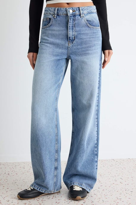 TRENDYOLMİLLA Dames Donkerblauw Effen Wijde pijp Hoge taille Jeans - Image 2