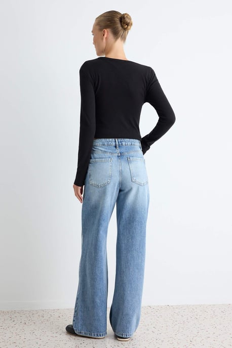TRENDYOLMİLLA Dames Donkerblauw Effen Wijde pijp Hoge taille Jeans - Image 3