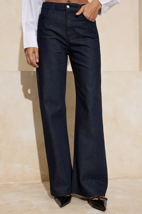 TRENDYOLMİLLA Dames Donkerblauw Geborduurd Wijde pijp Hoge taille Jeans - Image 4